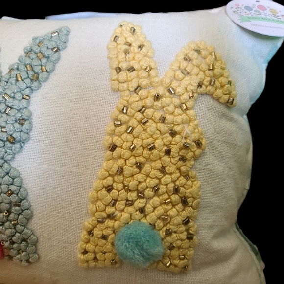 Sparkly Beaded Embroidered Easter Bunny Reversible Check 14" Throw Pillow Decor - Picture 5 of 8
